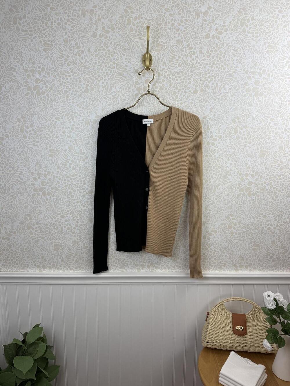 Phoebe Jon Black and Tan Ribbed Skylar V-Neck Cardigan - Size - Large